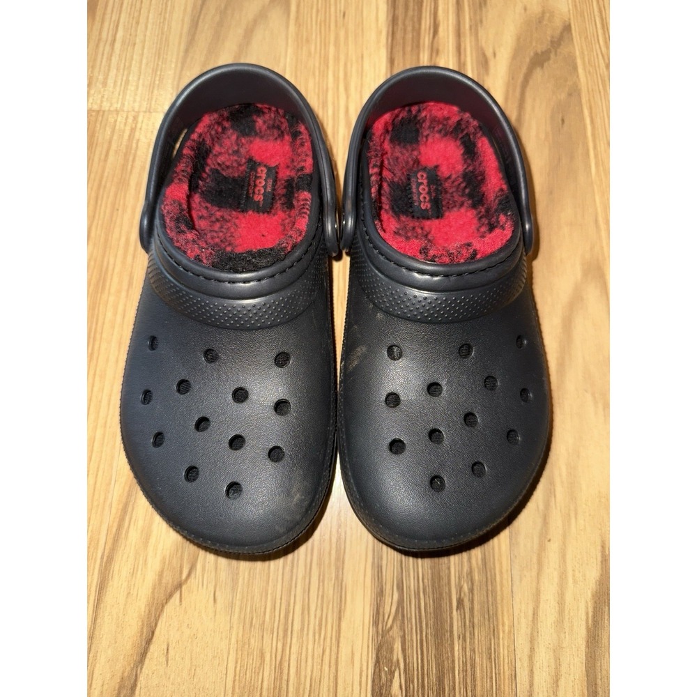CROCS Kids Black Clog with Red Plaid Lining